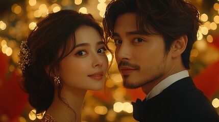 A couple poses elegantly, surrounded by festive lights, exuding romance and celebration.
