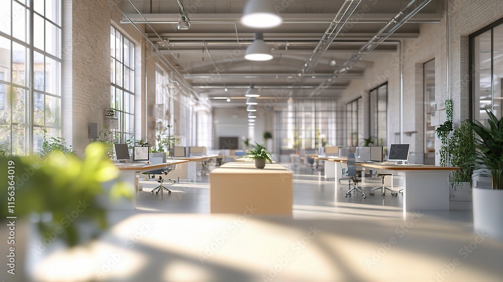 Poster bright and modern open office space with abstract design elements