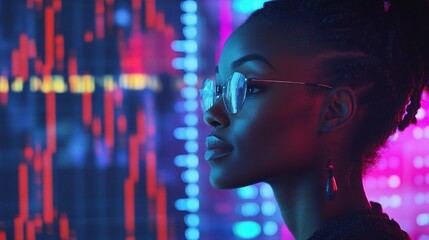 The Data Analyst: A young woman with glasses looks intently at a screen filled with vibrant data, her face illuminated by the cool blue and pink glow. She is focused and determined.