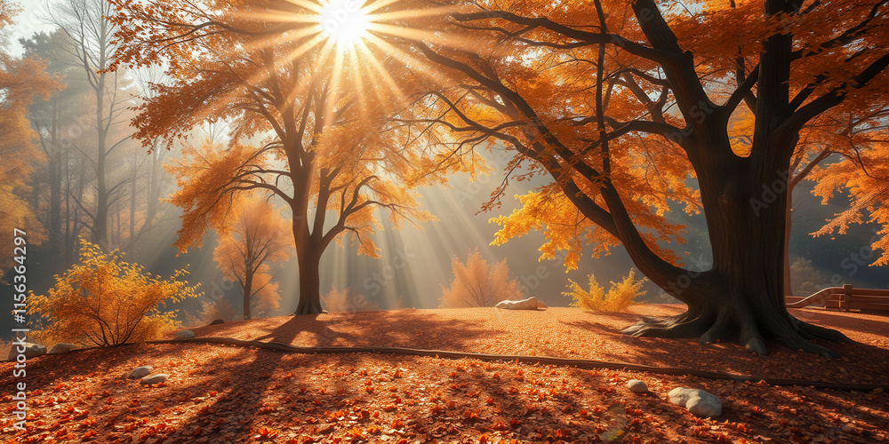 Poster a beautiful autumn scene with two trees in the foreground and a large tree in the background. the su