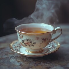 Fototapeta premium Aromatic Hot Tea in Vintage Floral Teacup and Saucer