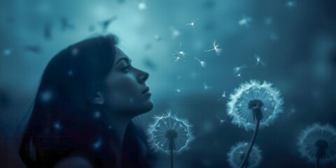 A woman is looking at the sky with a dandelion in her hand. The sky is blue and the dandelion is white