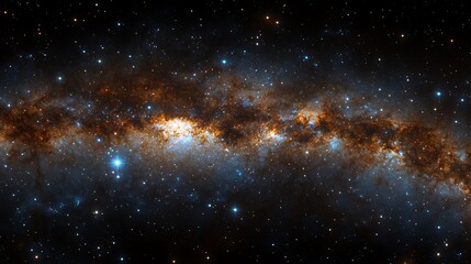 Obraz premium Panoramic image of the Milky Way galaxy, showcasing a wide, horizontal layout features a dense band of stars and cosmic dust stretching across the center, with a mix of bright and dark regions