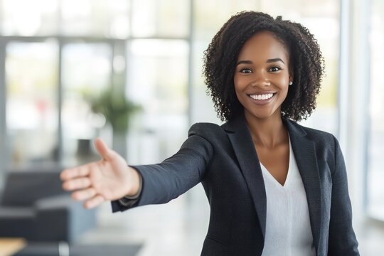A professional woman in formal business attire, extending her hand for a handshake with a warm smile, standing in a modern office setting.