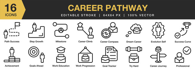 Career Pathway icon set. Editable Stroke Icon Collection. Includes career, success, path, pathway, direction, and More. Outline icons vector collection.