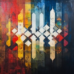 A colorful painting with a white line in the middle. The white line is surrounded by red, yellow, and blue