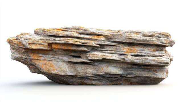 Gray and orange layered rock formation isolated on white. Ideal for nature, geology, or architectural designs needing a rugged texture.