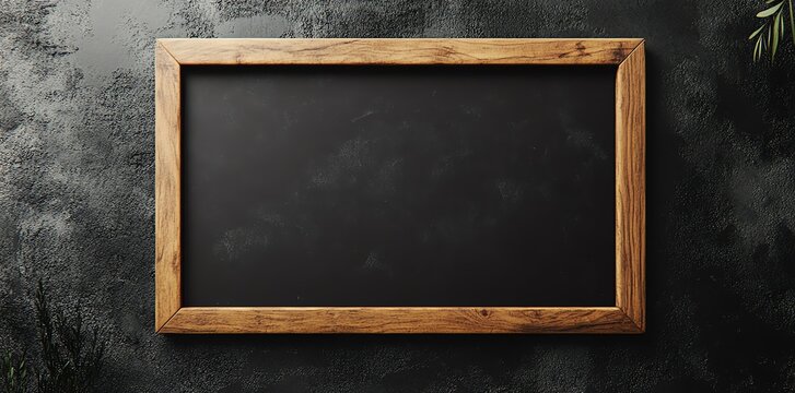 Blank wooden framed chalkboard on dark background.