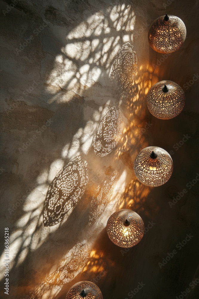 Poster a row of lights with a shadow on the wall. the lights are in a row and are lit up