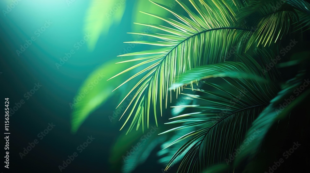 Poster Greenery palms idea. Lush, vibrant green leaves creating a serene and calming atmosphere.