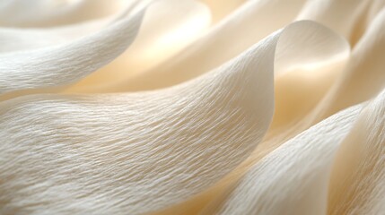 textured fabric surface characterized by its soft undulating waves and delicate creases appears to be a light cream or ivory color with a subtle sheen that highlights its intricate texture