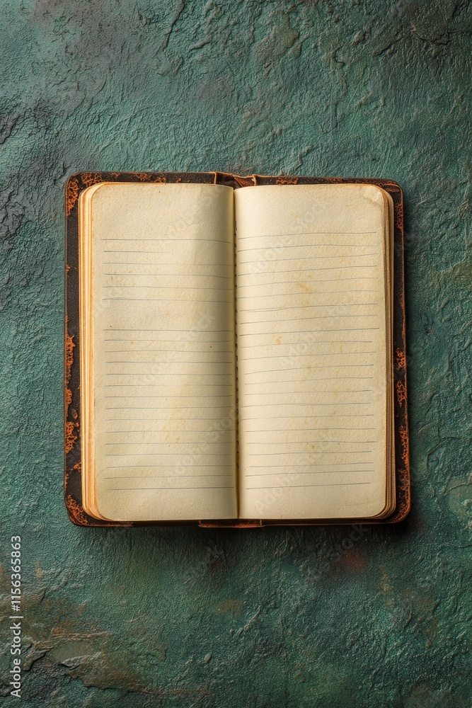 Poster an old leather bound book with a green background. the book is open to a page with a few lines of te