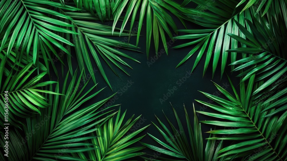 Poster greenery palms idea. lush green palm leaves frame a dark background, creating a vibrant natural ambi