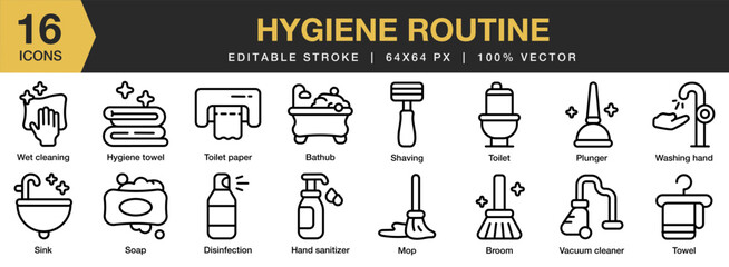 Hygiene Routine icon set. Editable Stroke Icon Collection. Includes hygiene, routine, care, bathroom, wash, and More. Outline icons vector collection.
