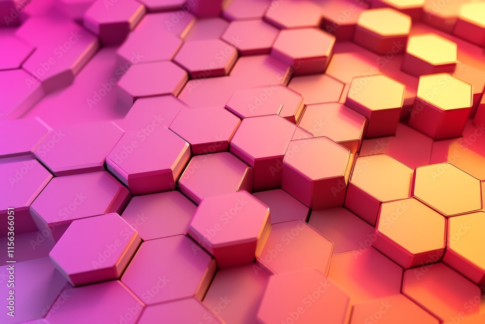 Poster a vibrant pink and orange background with a multitude of hexagonal shapes scattered throughout. the 