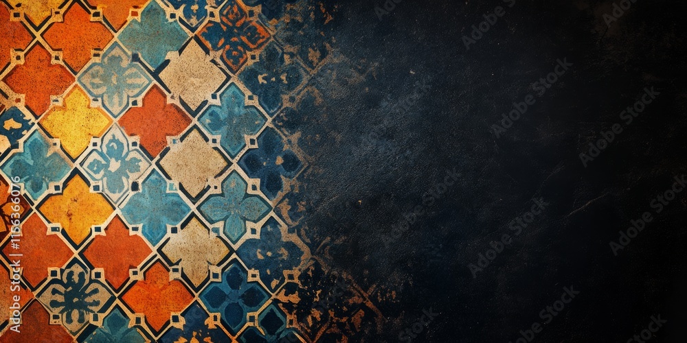 Poster a colorful background with a black border. the background is made up of squares and triangles. the s