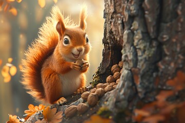 Cute red squirrel eating nuts in autumn.