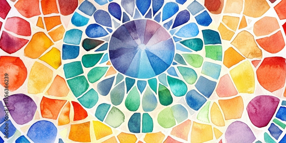 Poster A colorful painting of a circle with many different colors. The circle is surrounded by many small squares of different colors