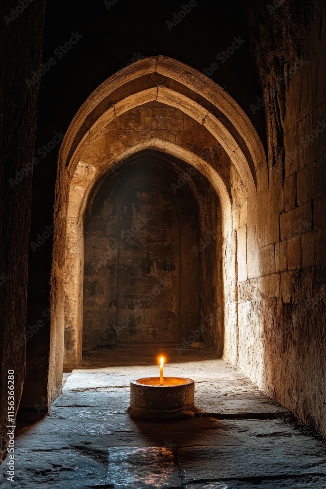 Poster a dimly lit stone corridor with a single candle illuminating the ancient architecture, creating a my