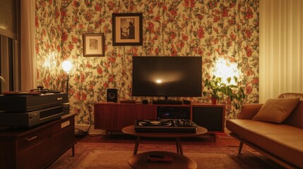 Retro Living Room with Vintage Audio Equipment and Floral Wallpaper