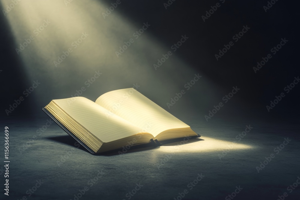 Poster a book is open to a page with a light shining on it. the light is coming from the top of the book