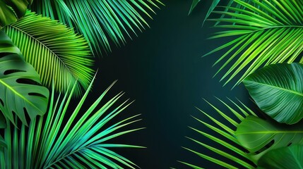 Greenery palms idea. Vibrant green tropical palm leaves framing a dark background, perfect for nature themes.