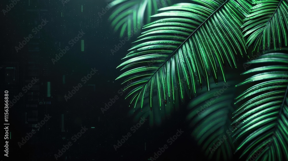 Poster greenery palms idea. vibrant green palm leaves with a dark background creating a lush tropical vibe.