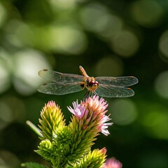 A macro photography of a dragonfly in warm tone color. Close up photo for education. Detailed and defocused background.