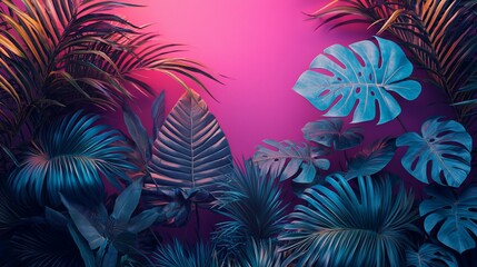 Vibrant tropical leaves on pink background.