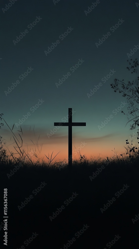 Poster a cross is in the middle of a field at dusk. the sky is dark and the cross is the only light source