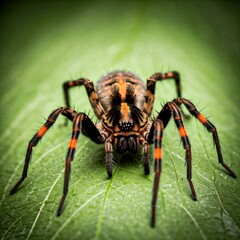 Fototapeta premium A macro photography of a spider in warm tone color. Close up photo for education. Detailed and defocused background.