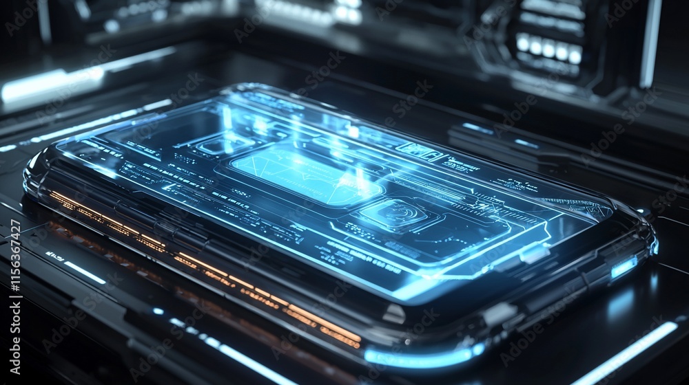Poster futuristic transparent phone showcasing internal components.