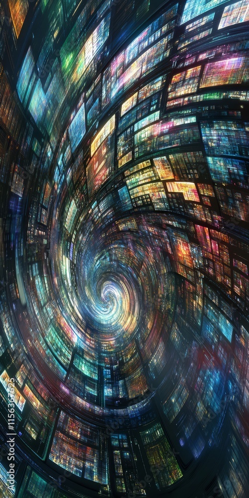 Poster a spiral of colorful squares and rectangles. the squares are in different colors and sizes. the spir