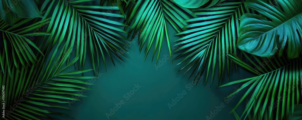 Poster greenery palms idea. vibrant green palm leaves create a rich tropical frame against a calming teal b
