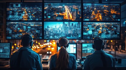 Obraz premium A surveillance team monitors multiple cityscapes on large screens in a control room.
