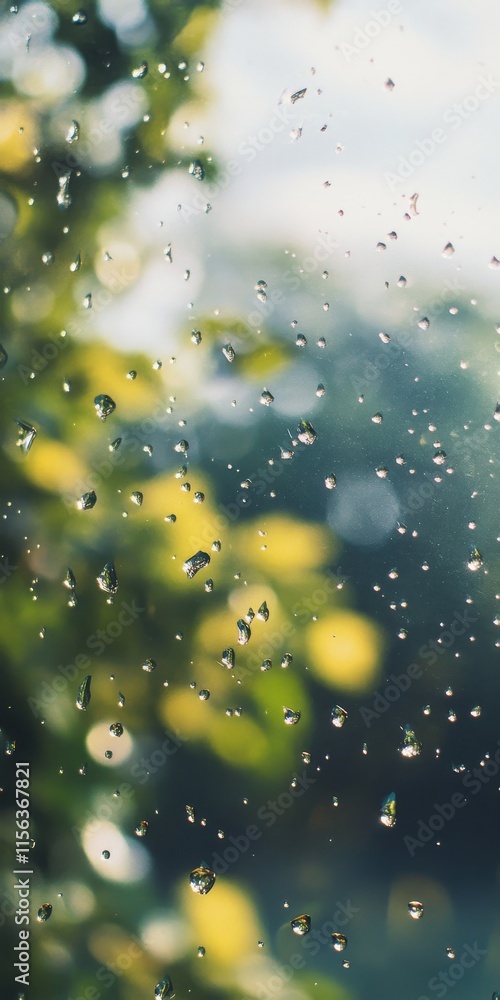 Poster a blurry image of raindrops on a window. the droplets are scattered and overlapping, creating a sens
