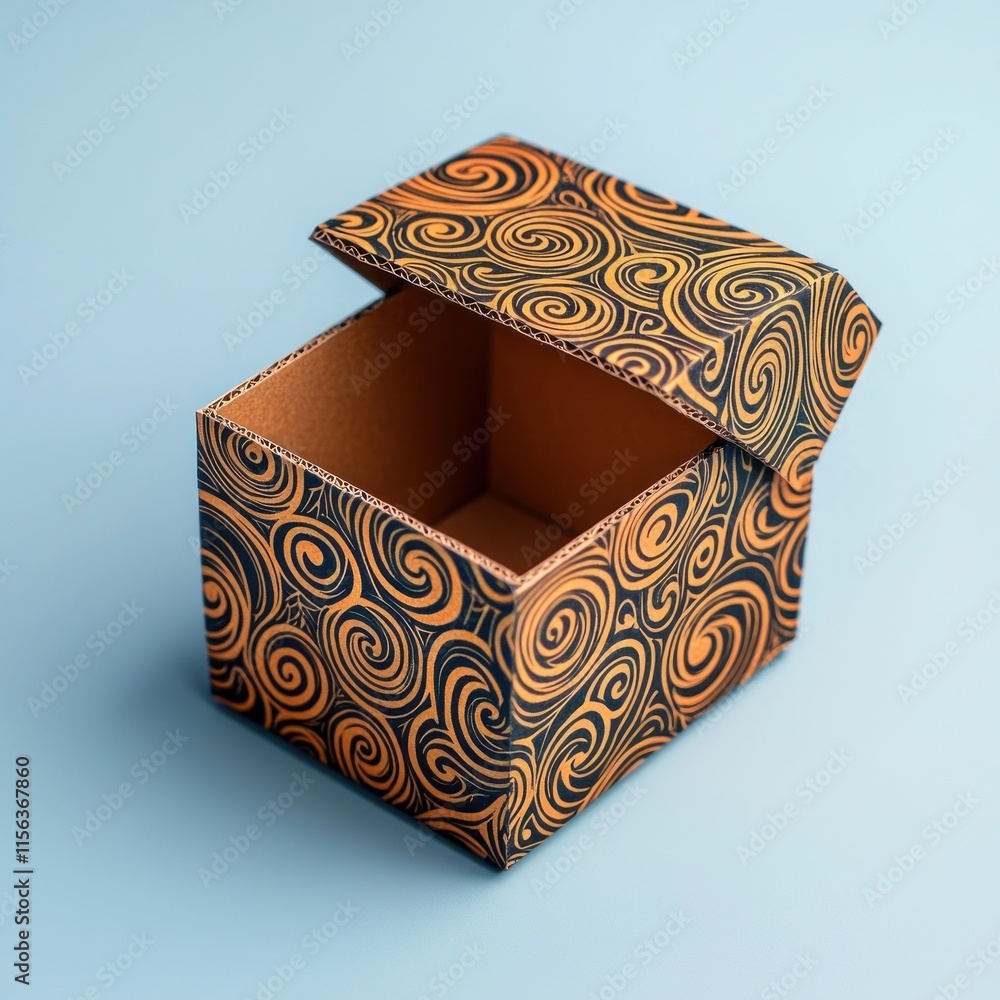 Poster open empty square gift box with swirl pattern.