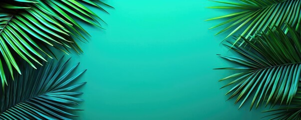 Greenery palms idea. Vibrant tropical leaves frame a serene blue-green background, perfect for nature themes.