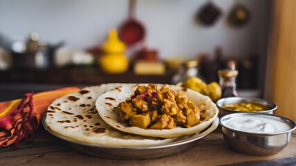 Fluffy poori served with aloo curry, garnished with cilantro, accompanied by pickles and yogurt on rustic wooden table