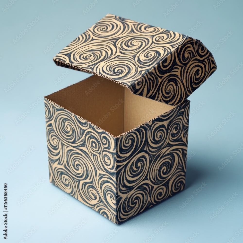 Poster open empty square cardboard gift box with swirl pattern.