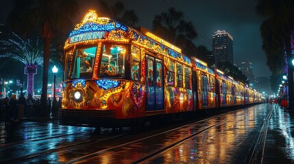 Obraz premium A vibrant, illuminated streetcar gliding through a rainy cityscape at night.