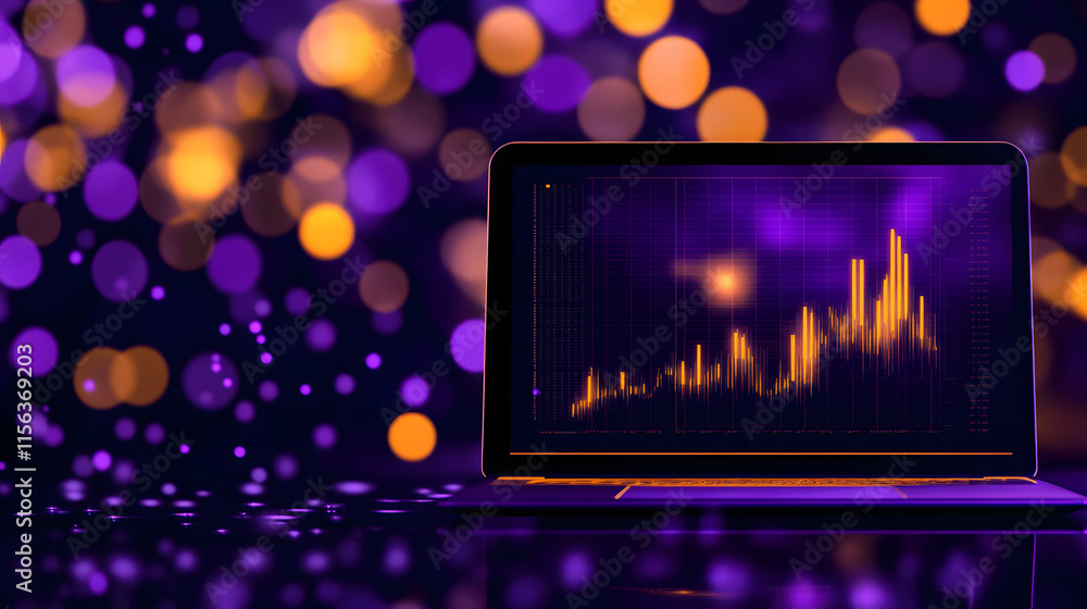 Poster Vibrant data visualization on a laptop against a colorful bokeh background