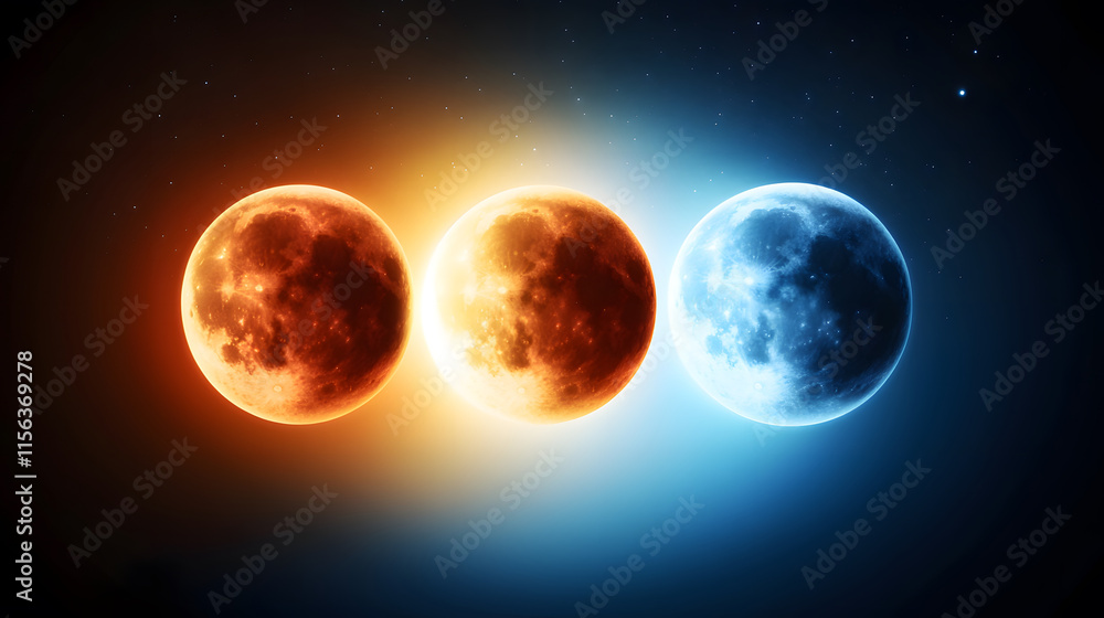 Poster Three moons in contrasting colors representing celestial phenomena