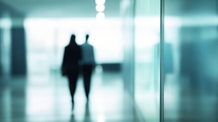 Blurred Figures Walking Through Modern Corridor in Soft Lighting