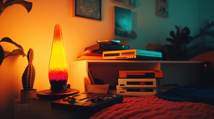 Retro Bedroom Ambiance: Lava Lamp and Vintage Tech