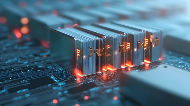 Close-up of a circuit board with glowing components and intricate details