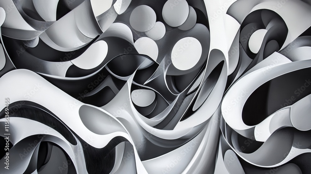 Poster monochrome abstract art featuring dynamic curves and circles, creating a modern geometric pattern in