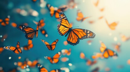 Many monarch butterflies in flight, vibrant orange. Ideal for themes of freedom, nature, transformation.