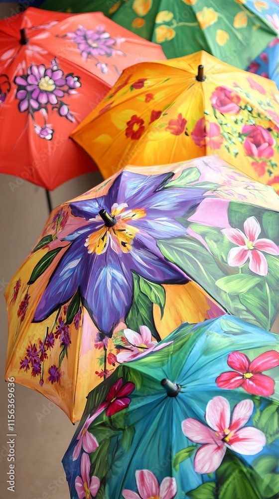 Poster a row of colorful umbrellas with flowers painted on them. the umbrellas are arranged in a line, with