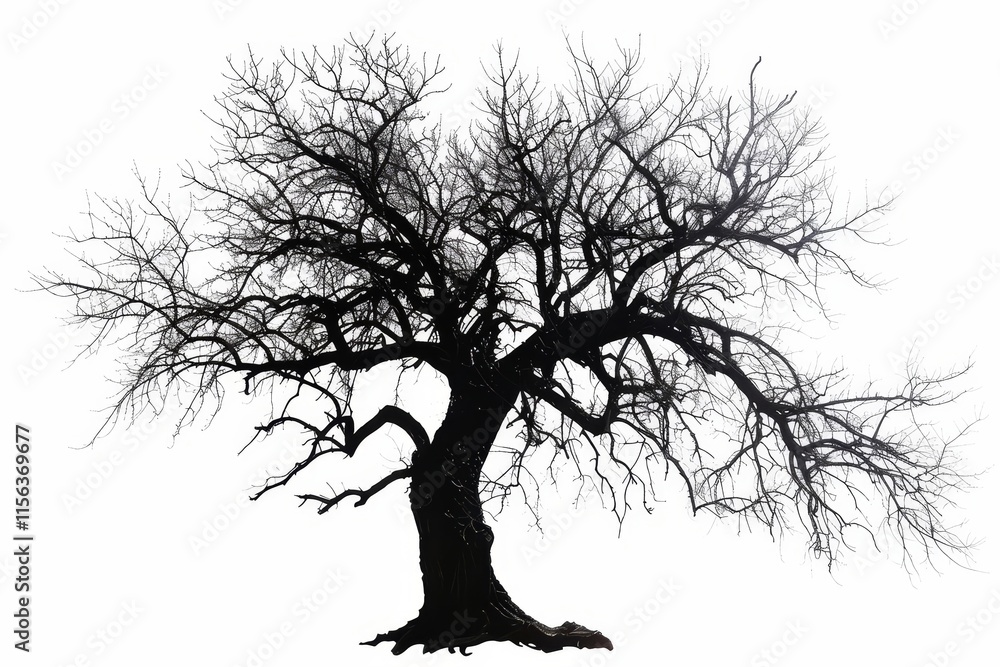 Poster a large tree with no leaves. the trunk is thick and the branches are thin. the tree is bare and has 